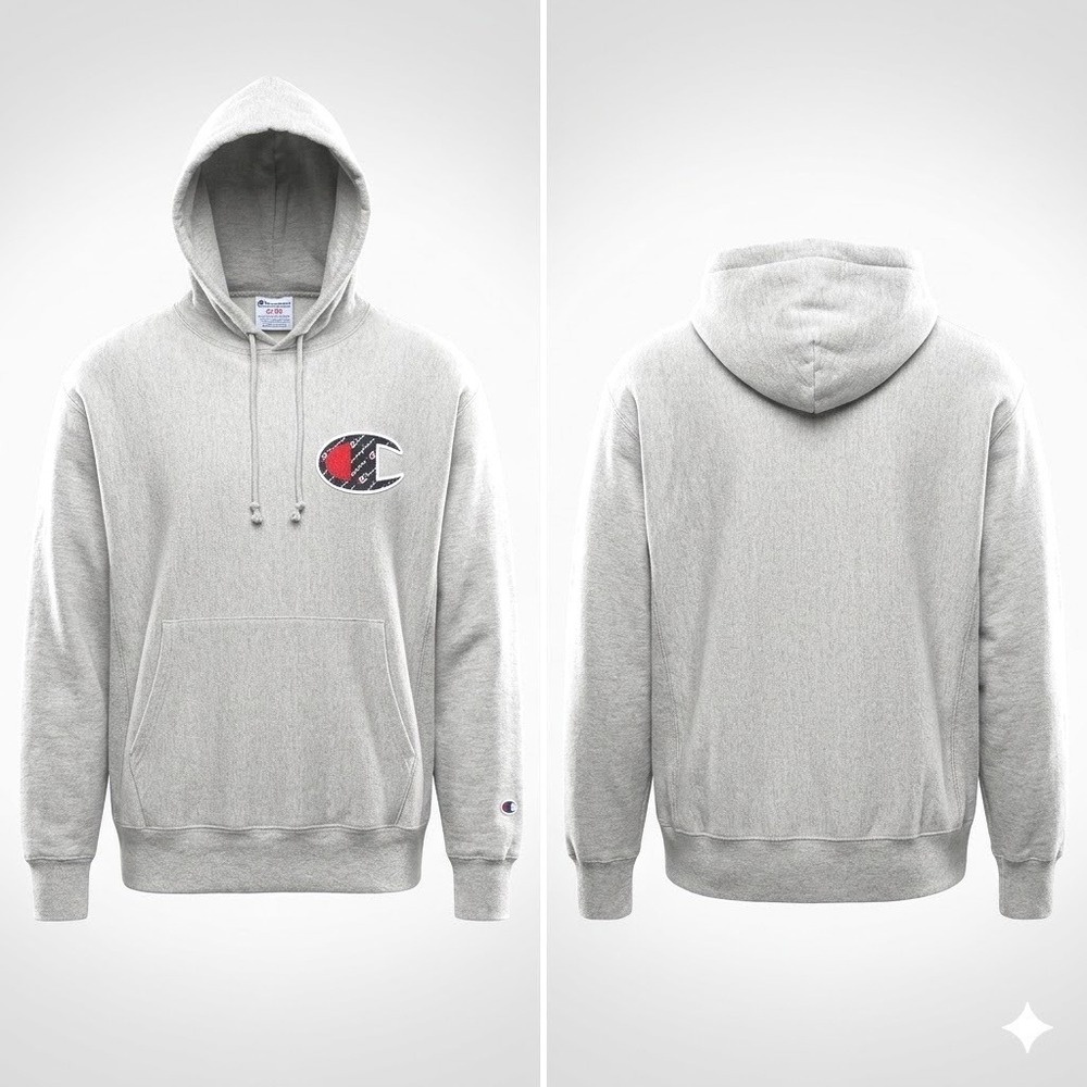 Champion Mens Hoodie Reverse Weave Medium Gray Big Logo Script Patch GF68‎ M